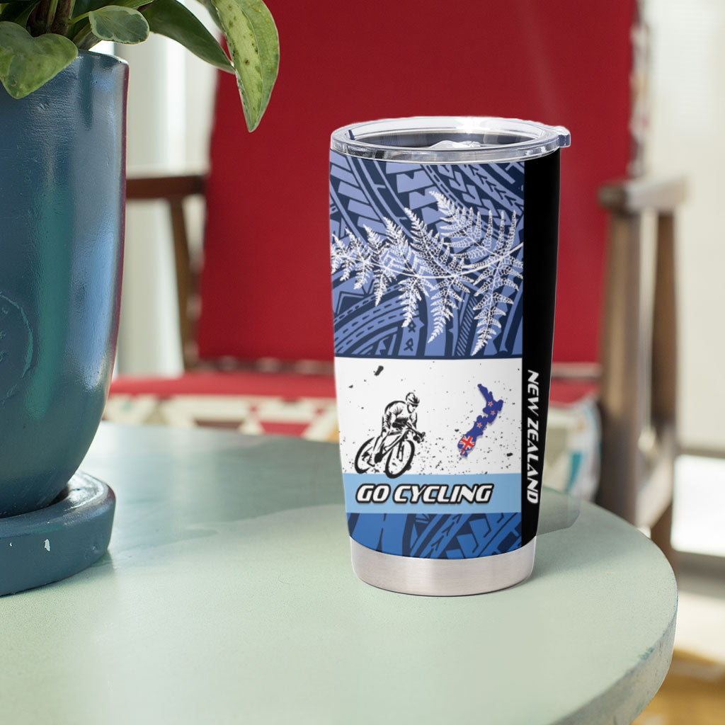 Personalised Cycling New Zealand Tumbler Cup Aotearoa Map Fern Maori Pattern