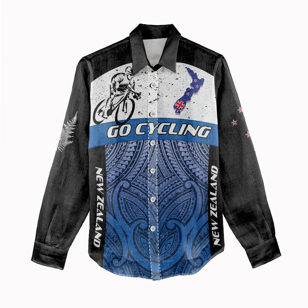 Personalised Cycling New Zealand Women Casual Shirt Aotearoa Map Fern Maori Pattern