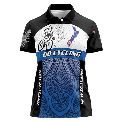 Personalised Cycling New Zealand Women Polo Shirt Aotearoa Map Fern Maori Pattern