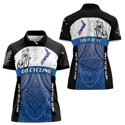 Personalised Cycling New Zealand Women Polo Shirt Aotearoa Map Fern Maori Pattern