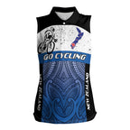 Personalised Cycling New Zealand Women Sleeveless Polo Shirt Aotearoa Map Fern Maori Pattern