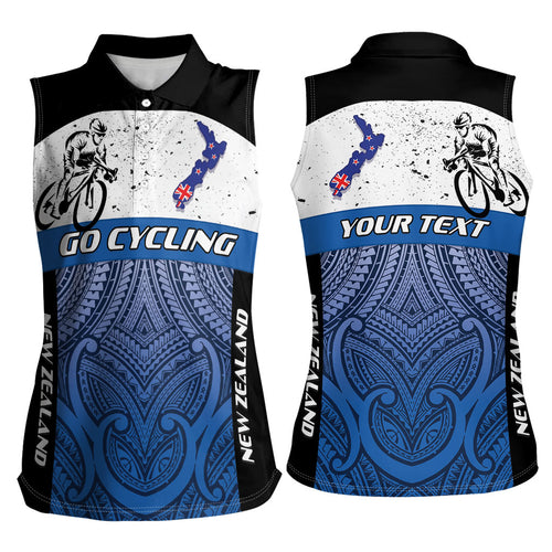 Personalised Cycling New Zealand Women Sleeveless Polo Shirt Aotearoa Map Fern Maori Pattern