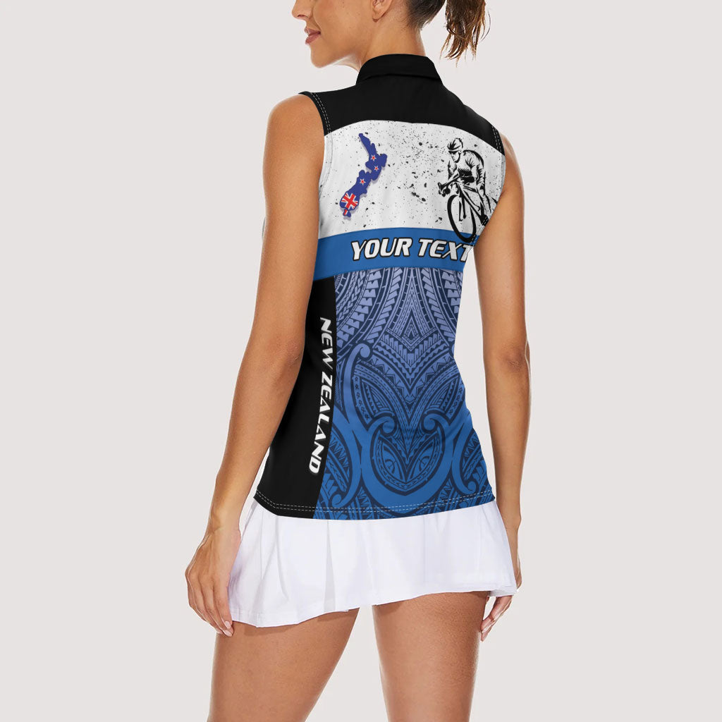 Personalised Cycling New Zealand Women Sleeveless Polo Shirt Aotearoa Map Fern Maori Pattern