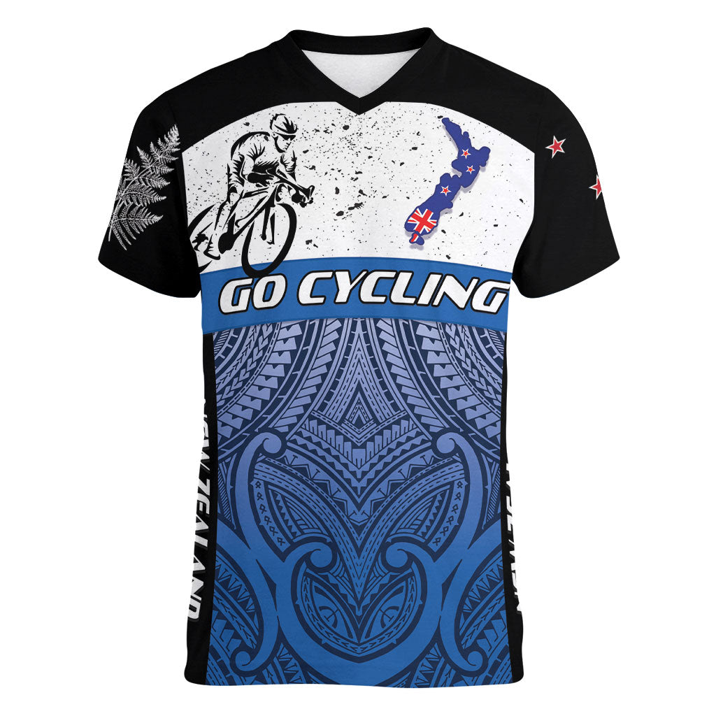 Personalised Cycling New Zealand Women V-Neck T-Shirt Aotearoa Map Fern Maori Pattern