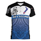 Personalised Cycling New Zealand Women V-Neck T-Shirt Aotearoa Map Fern Maori Pattern