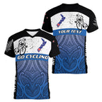 Personalised Cycling New Zealand Women V-Neck T-Shirt Aotearoa Map Fern Maori Pattern
