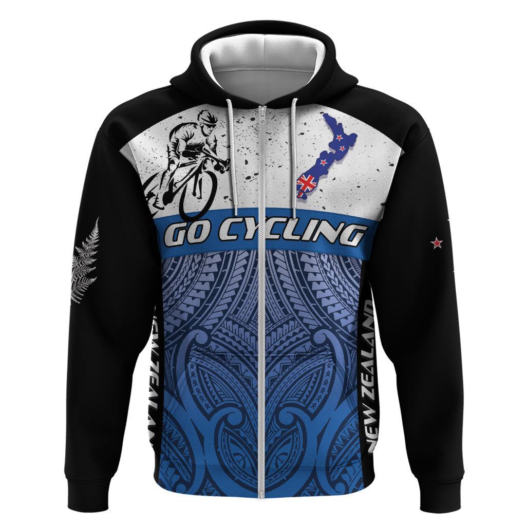 Personalised Cycling New Zealand Zip Hoodie Aotearoa Map Fern Maori Pattern