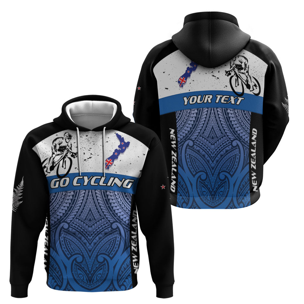 Personalised Cycling New Zealand Zip Hoodie Aotearoa Map Fern Maori Pattern