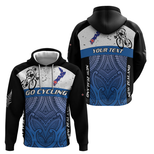 Personalised Cycling New Zealand Zip Hoodie Aotearoa Map Fern Maori Pattern