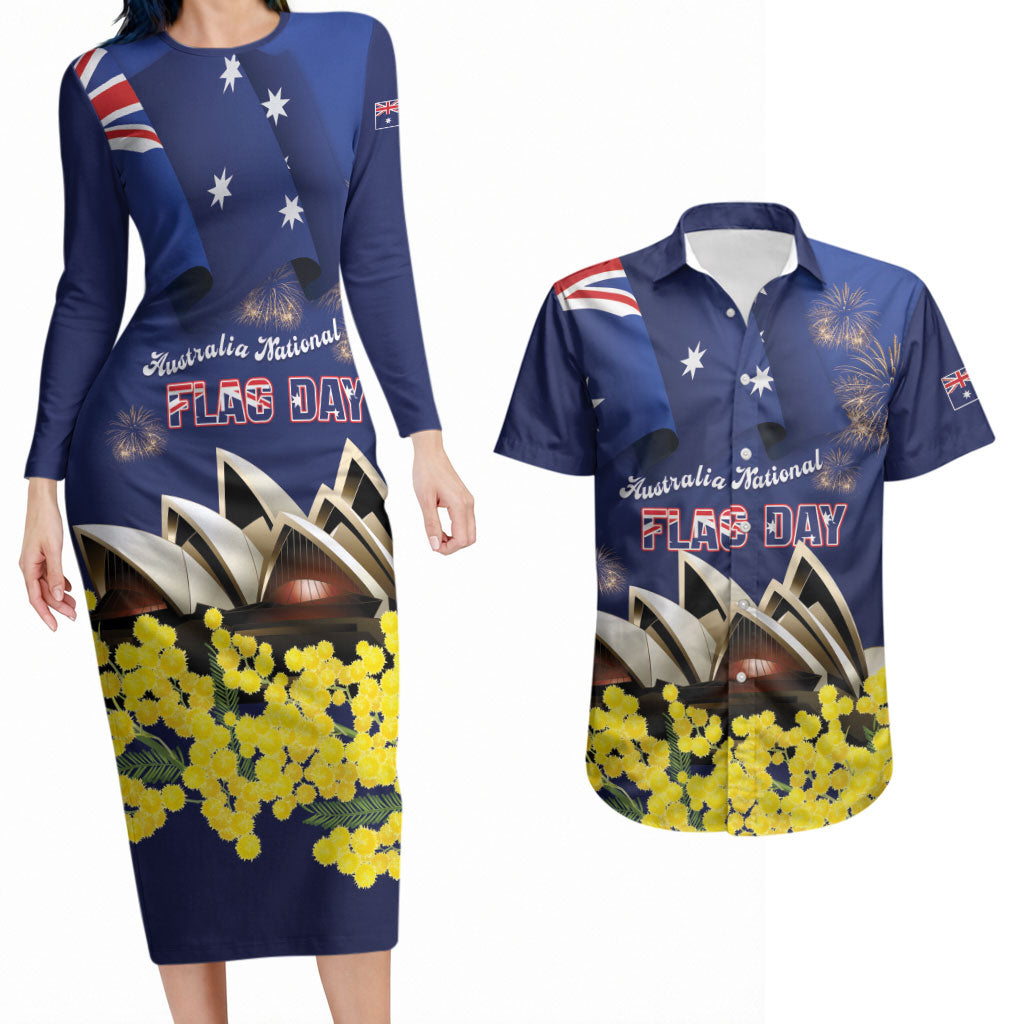 Personalised Australia National Flag Day Couples Matching Long Sleeve Bodycon Dress and Hawaiian Shirt Golden Wattle Sydney Opera House Flag Color