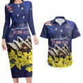 Personalised Australia National Flag Day Couples Matching Long Sleeve Bodycon Dress and Hawaiian Shirt Golden Wattle Sydney Opera House Flag Color