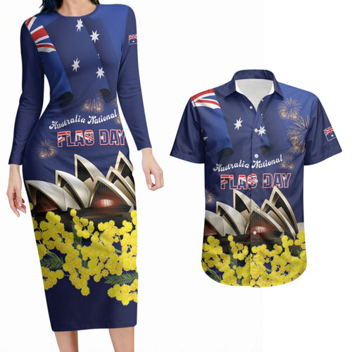 Personalised Australia National Flag Day Couples Matching Long Sleeve Bodycon Dress and Hawaiian Shirt Golden Wattle Sydney Opera House Flag Color