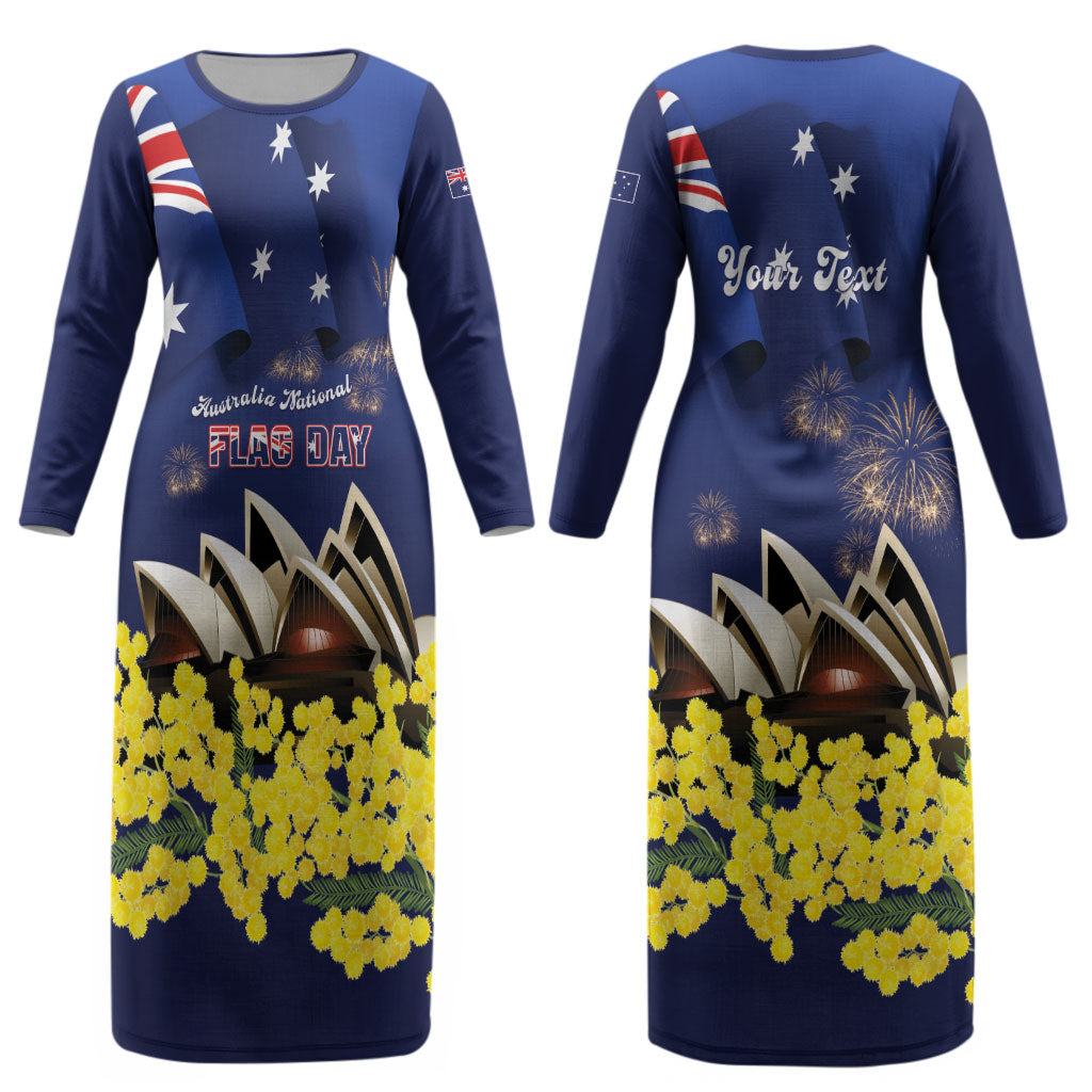 Personalised Australia National Flag Day Couples Matching Long Sleeve Bodycon Dress and Hawaiian Shirt Golden Wattle Sydney Opera House Flag Color