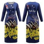 Personalised Australia National Flag Day Couples Matching Long Sleeve Bodycon Dress and Hawaiian Shirt Golden Wattle Sydney Opera House Flag Color