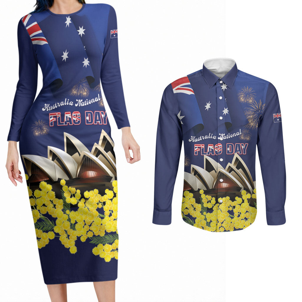 Personalised Australia National Flag Day Couples Matching Long Sleeve Bodycon Dress and Long Sleeve Button Shirt Golden Wattle Sydney Opera House Flag Color