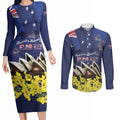 Personalised Australia National Flag Day Couples Matching Long Sleeve Bodycon Dress and Long Sleeve Button Shirt Golden Wattle Sydney Opera House Flag Color