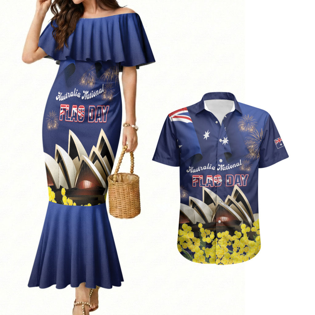 Personalised Australia National Flag Day Couples Matching Mermaid Dress and Hawaiian Shirt Golden Wattle Sydney Opera House Flag Color