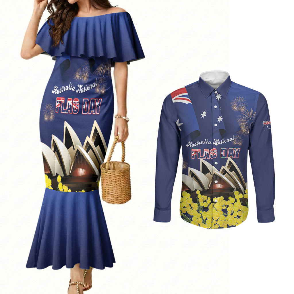 Personalised Australia National Flag Day Couples Matching Mermaid Dress and Long Sleeve Button Shirt Golden Wattle Sydney Opera House Flag Color