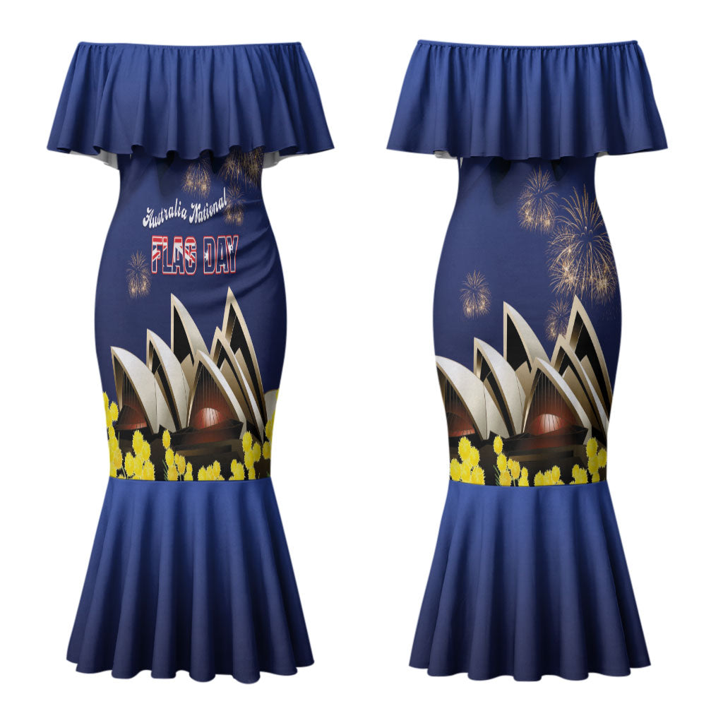 Personalised Australia National Flag Day Couples Matching Mermaid Dress and Long Sleeve Button Shirt Golden Wattle Sydney Opera House Flag Color