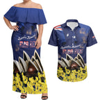 Personalised Australia National Flag Day Couples Matching Off Shoulder Maxi Dress and Hawaiian Shirt Golden Wattle Sydney Opera House Flag Color