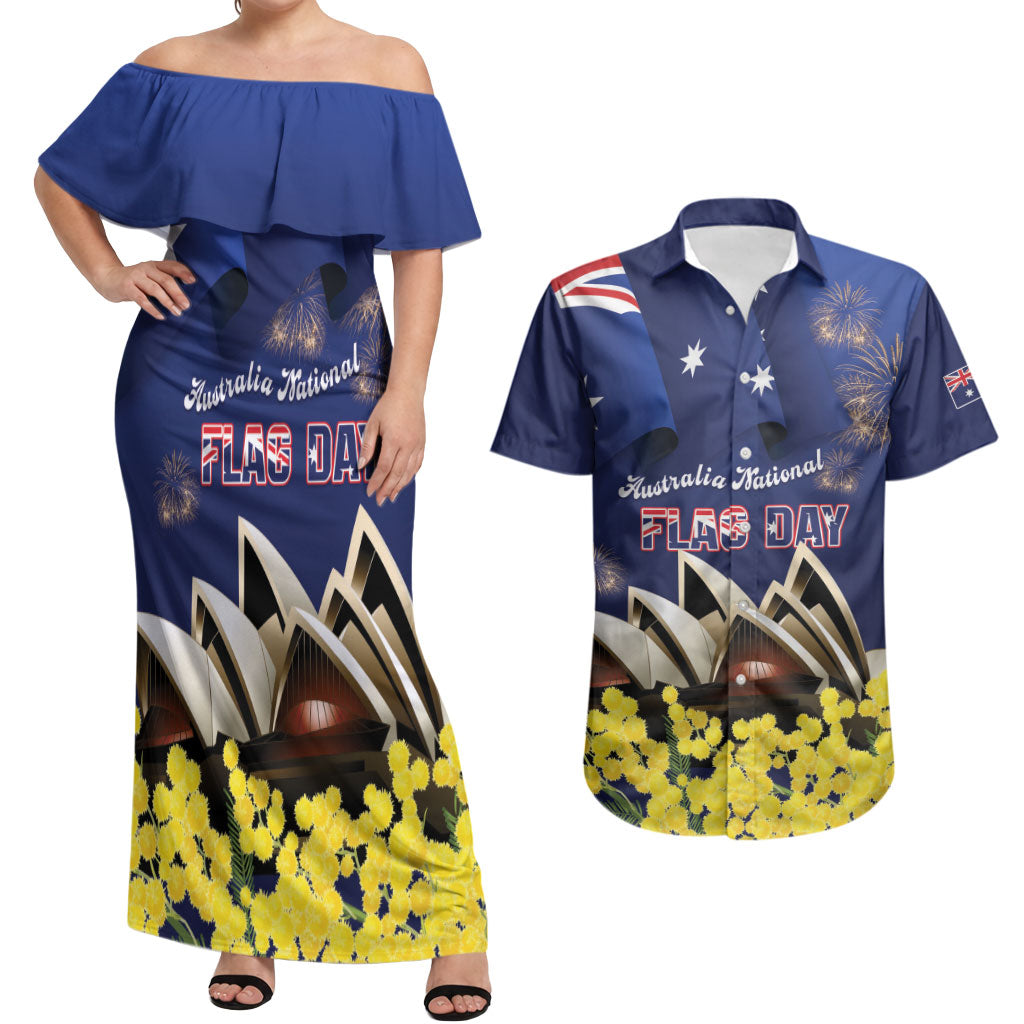 Personalised Australia National Flag Day Couples Matching Off Shoulder Maxi Dress and Hawaiian Shirt Golden Wattle Sydney Opera House Flag Color