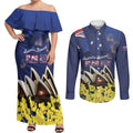 Personalised Australia National Flag Day Couples Matching Off Shoulder Maxi Dress and Long Sleeve Button Shirt Golden Wattle Sydney Opera House Flag Color