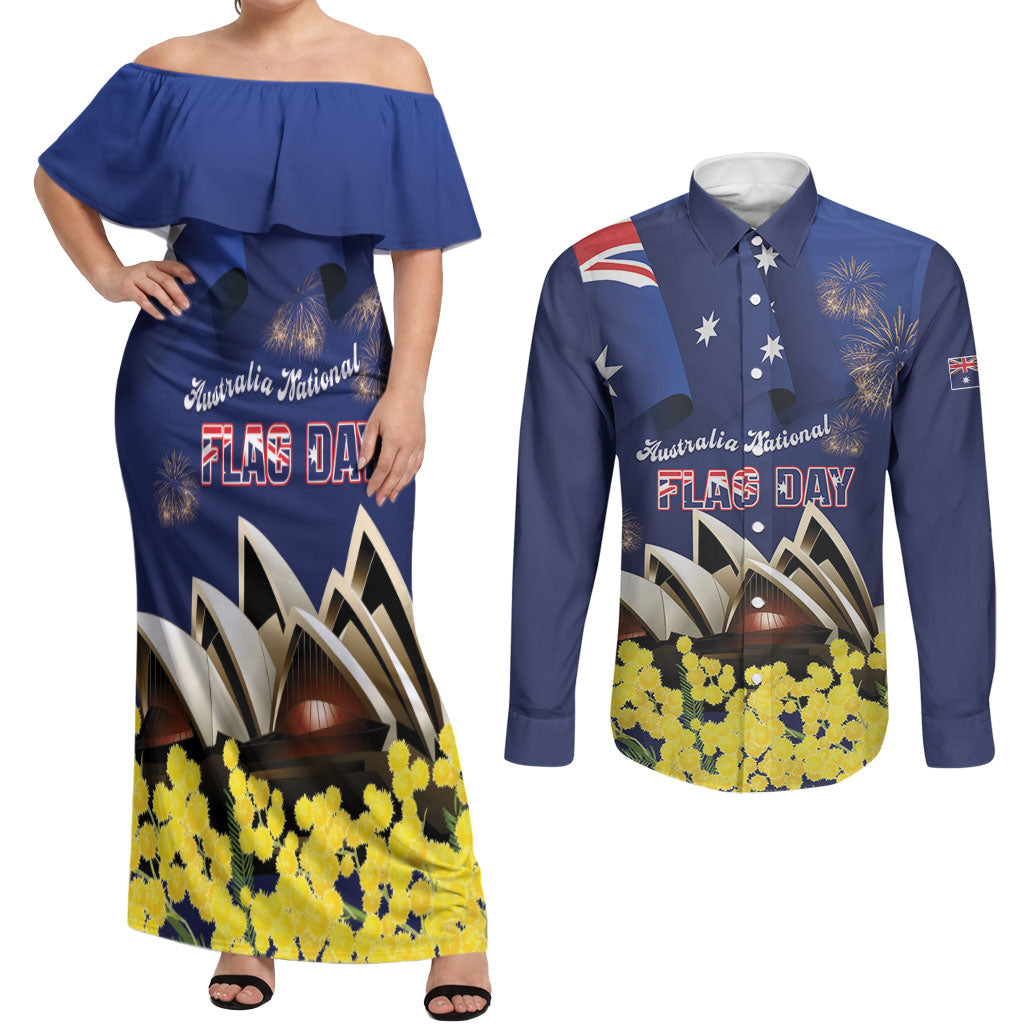 Personalised Australia National Flag Day Couples Matching Off Shoulder Maxi Dress and Long Sleeve Button Shirt Golden Wattle Sydney Opera House Flag Color