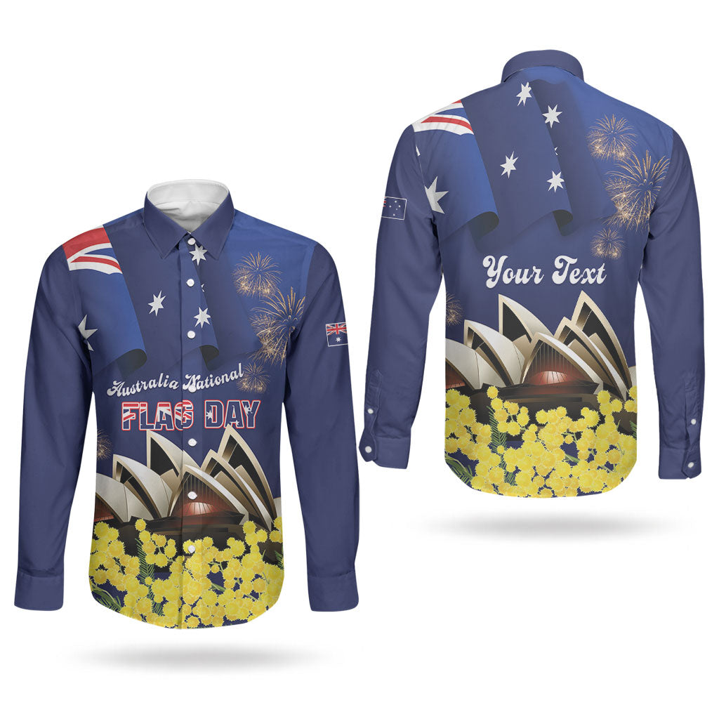 Personalised Australia National Flag Day Couples Matching Off Shoulder Maxi Dress and Long Sleeve Button Shirt Golden Wattle Sydney Opera House Flag Color