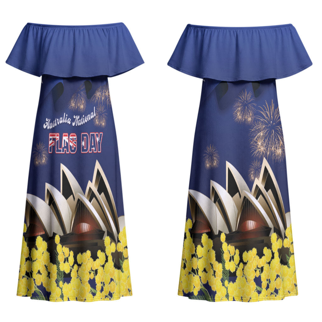 Personalised Australia National Flag Day Couples Matching Off Shoulder Maxi Dress and Long Sleeve Button Shirt Golden Wattle Sydney Opera House Flag Color