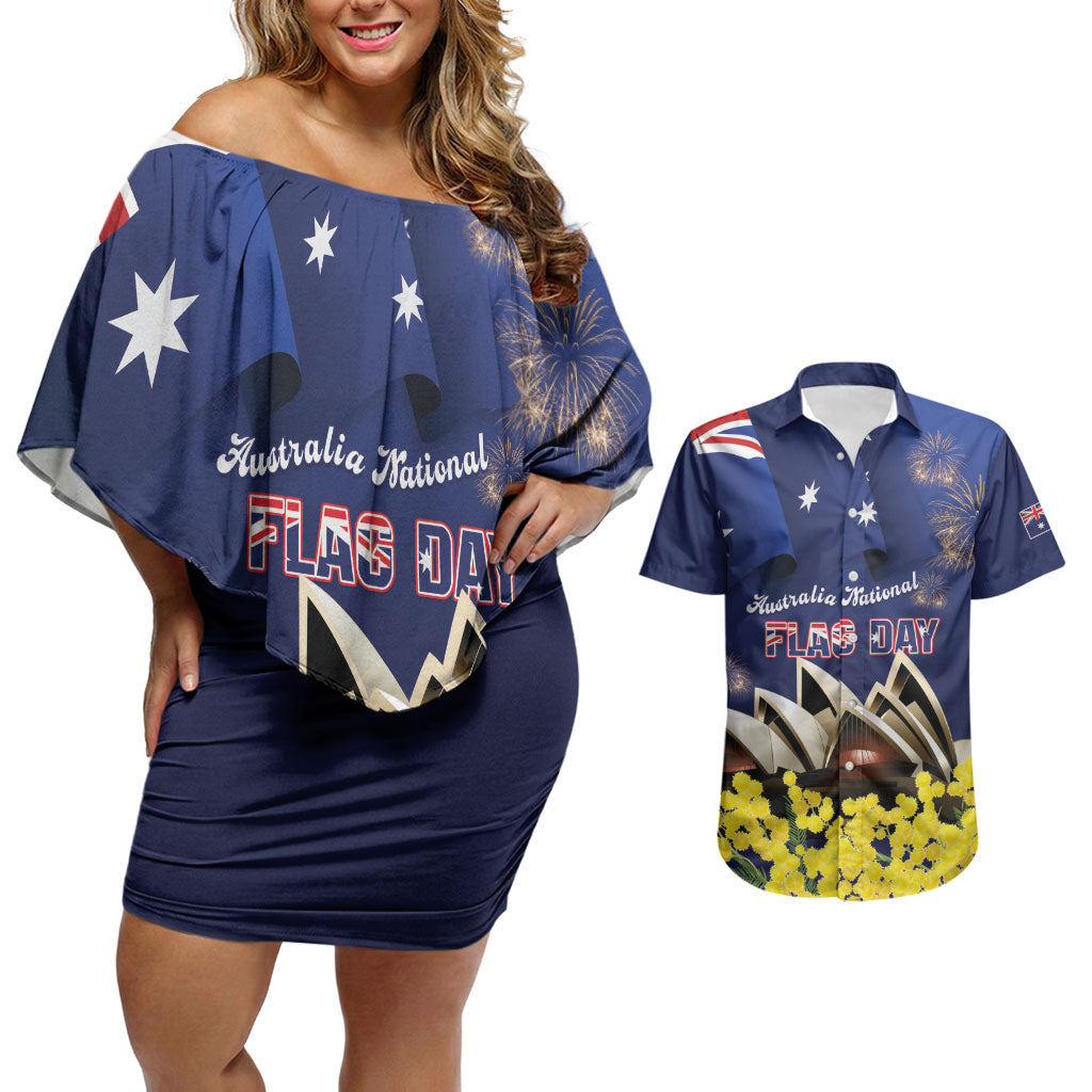 Personalised Australia National Flag Day Couples Matching Off Shoulder Short Dress and Hawaiian Shirt Golden Wattle Sydney Opera House Flag Color