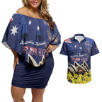 Personalised Australia National Flag Day Couples Matching Off Shoulder Short Dress and Hawaiian Shirt Golden Wattle Sydney Opera House Flag Color