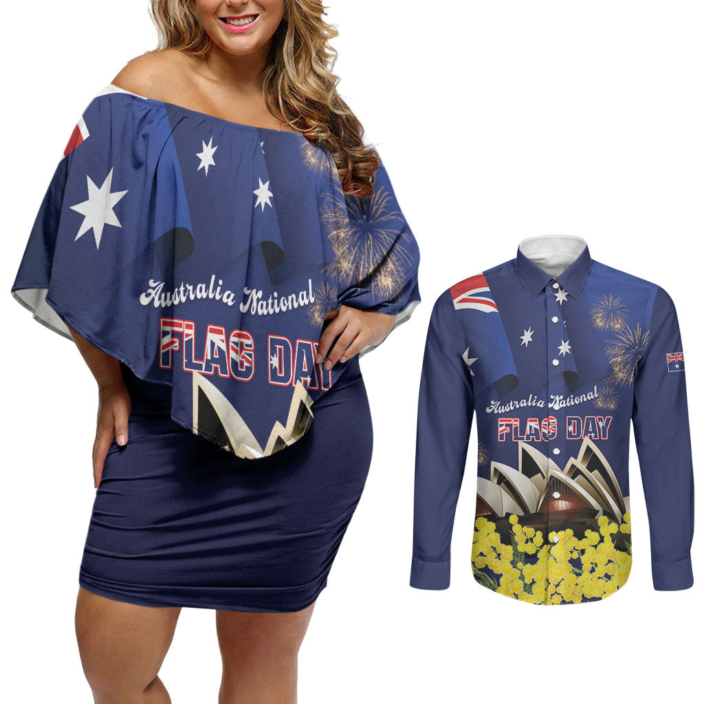 Personalised Australia National Flag Day Couples Matching Off Shoulder Short Dress and Long Sleeve Button Shirt Golden Wattle Sydney Opera House Flag Color