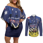 Personalised Australia National Flag Day Couples Matching Off Shoulder Short Dress and Long Sleeve Button Shirt Golden Wattle Sydney Opera House Flag Color