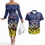 Personalised Australia National Flag Day Couples Matching Off The Shoulder Long Sleeve Dress and Hawaiian Shirt Golden Wattle Sydney Opera House Flag Color