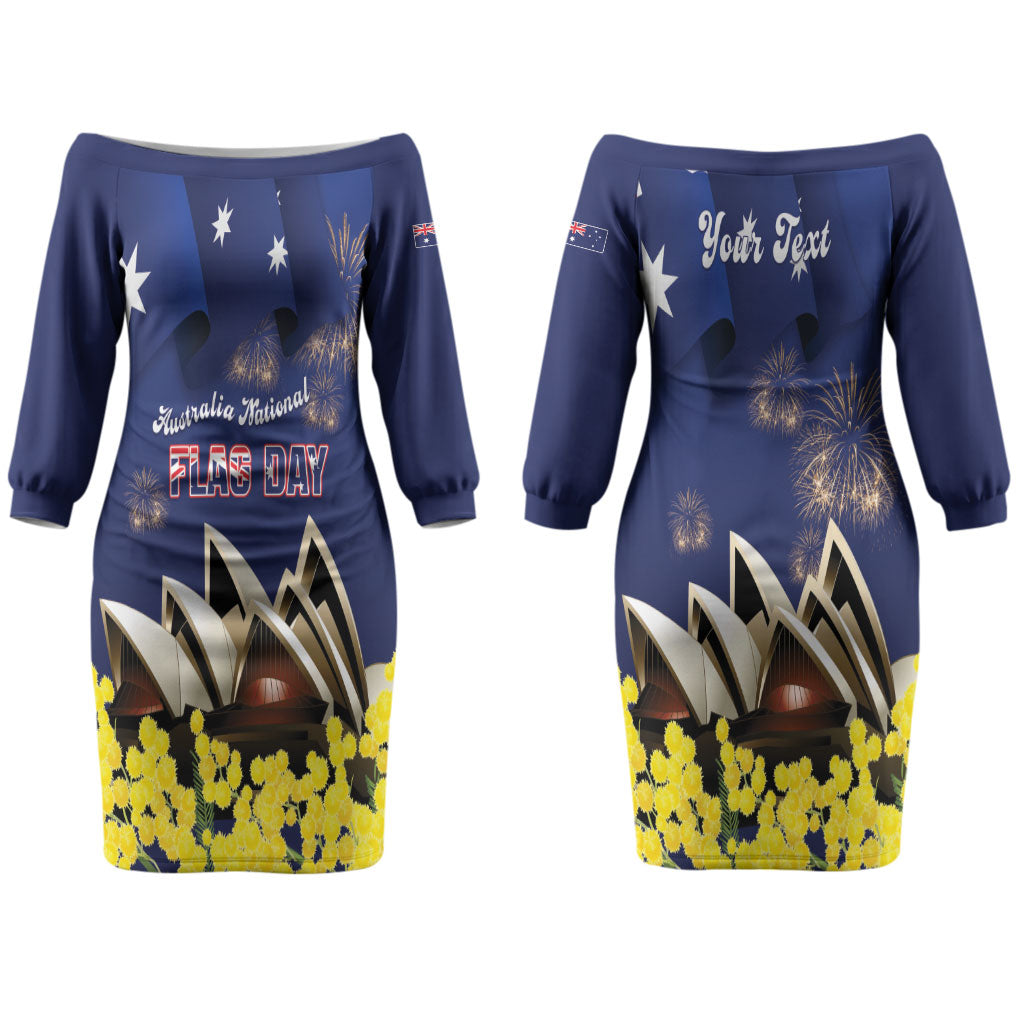 Personalised Australia National Flag Day Couples Matching Off The Shoulder Long Sleeve Dress and Hawaiian Shirt Golden Wattle Sydney Opera House Flag Color