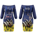 Personalised Australia National Flag Day Couples Matching Off The Shoulder Long Sleeve Dress and Hawaiian Shirt Golden Wattle Sydney Opera House Flag Color
