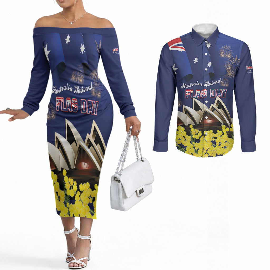 Personalised Australia National Flag Day Couples Matching Off The Shoulder Long Sleeve Dress and Long Sleeve Button Shirt Golden Wattle Sydney Opera House Flag Color