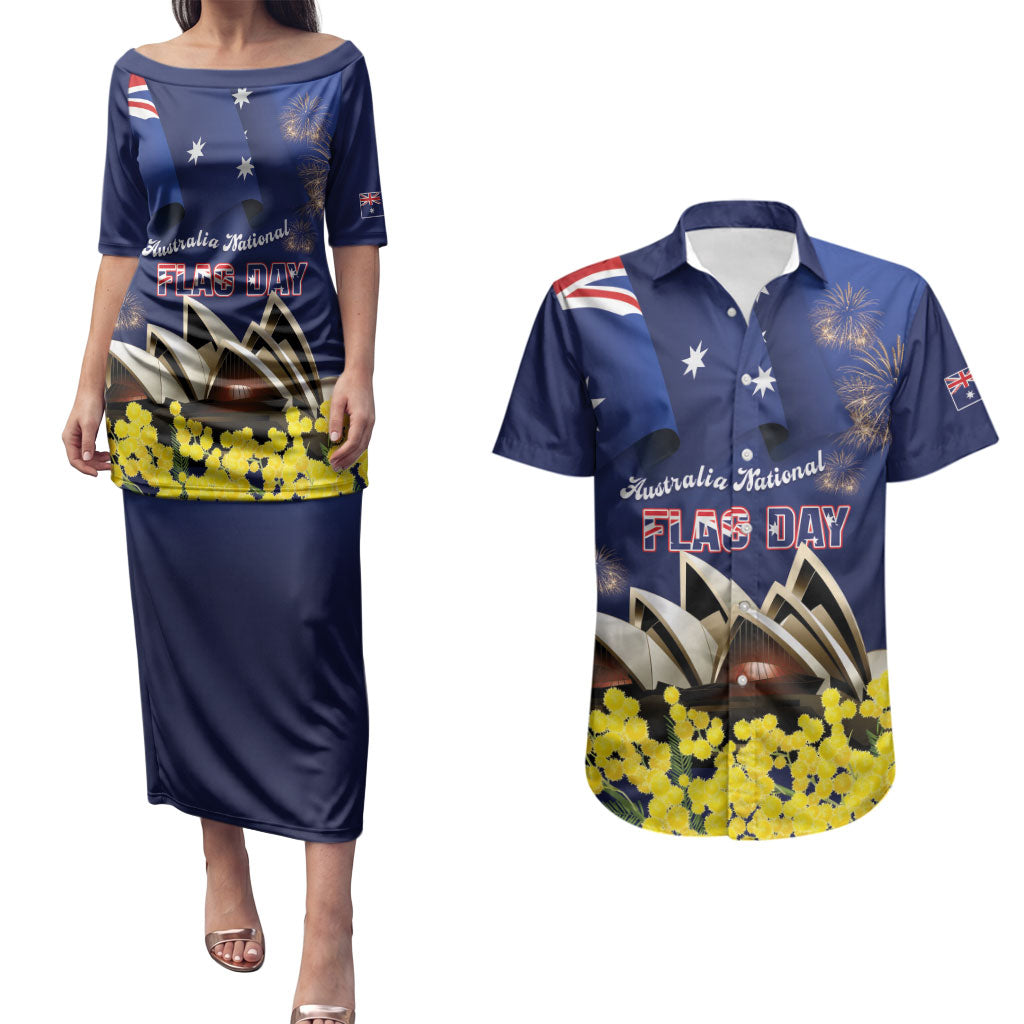 Personalised Australia National Flag Day Couples Matching Puletasi and Hawaiian Shirt Golden Wattle Sydney Opera House Flag Color