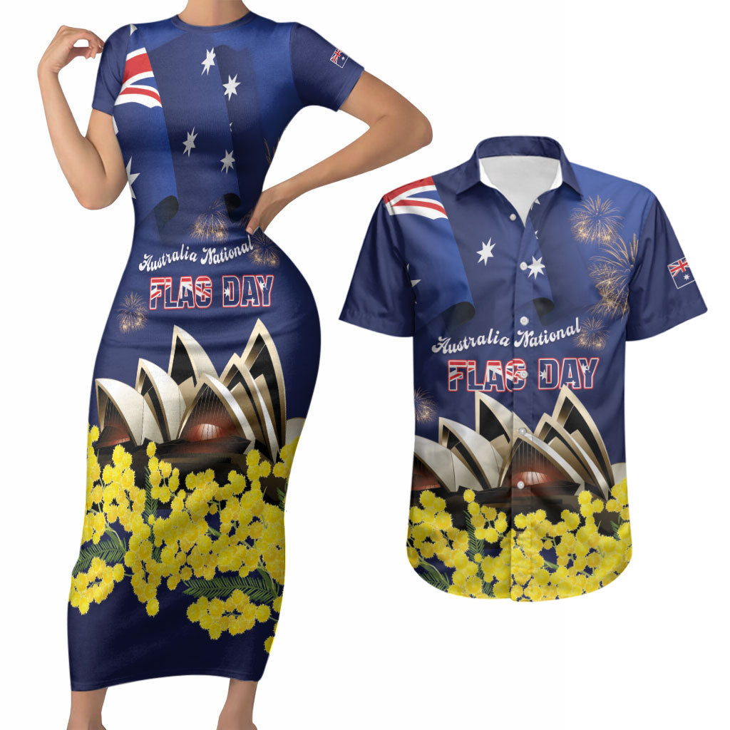 Personalised Australia National Flag Day Couples Matching Short Sleeve Bodycon Dress and Hawaiian Shirt Golden Wattle Sydney Opera House Flag Color