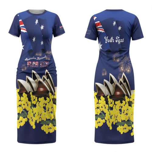 Personalised Australia National Flag Day Couples Matching Short Sleeve Bodycon Dress and Hawaiian Shirt Golden Wattle Sydney Opera House Flag Color