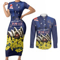 Personalised Australia National Flag Day Couples Matching Short Sleeve Bodycon Dress and Long Sleeve Button Shirt Golden Wattle Sydney Opera House Flag Color