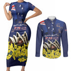 Personalised Australia National Flag Day Couples Matching Short Sleeve Bodycon Dress and Long Sleeve Button Shirt Golden Wattle Sydney Opera House Flag Color