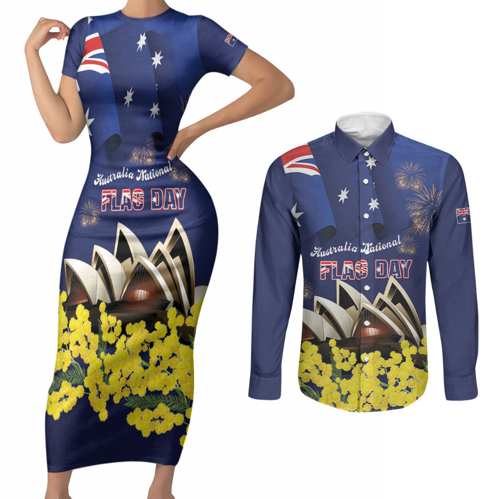 Personalised Australia National Flag Day Couples Matching Short Sleeve Bodycon Dress and Long Sleeve Button Shirt Golden Wattle Sydney Opera House Flag Color