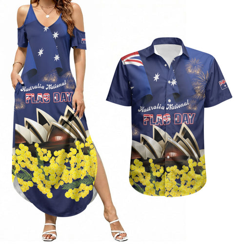 Personalised Australia National Flag Day Couples Matching Summer Maxi Dress and Hawaiian Shirt Golden Wattle Sydney Opera House Flag Color
