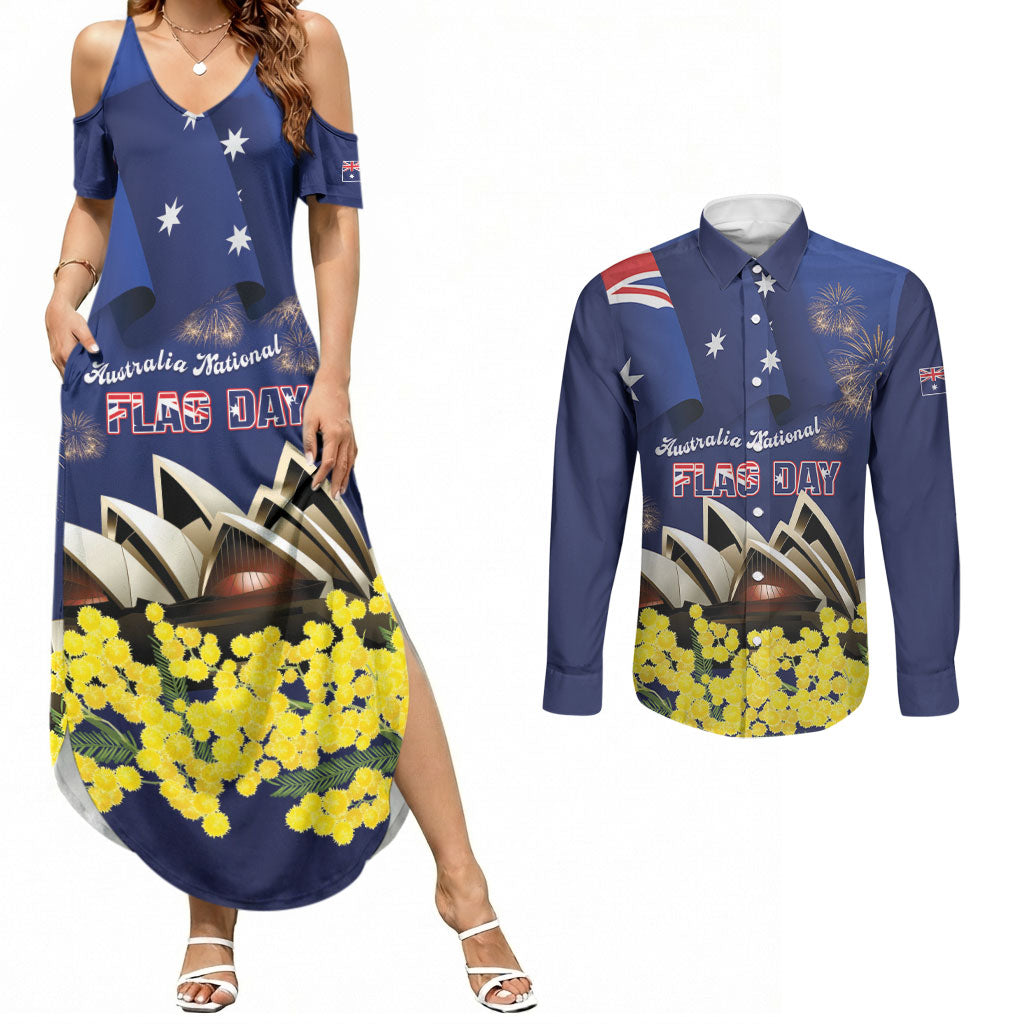 Personalised Australia National Flag Day Couples Matching Summer Maxi Dress and Long Sleeve Button Shirt Golden Wattle Sydney Opera House Flag Color