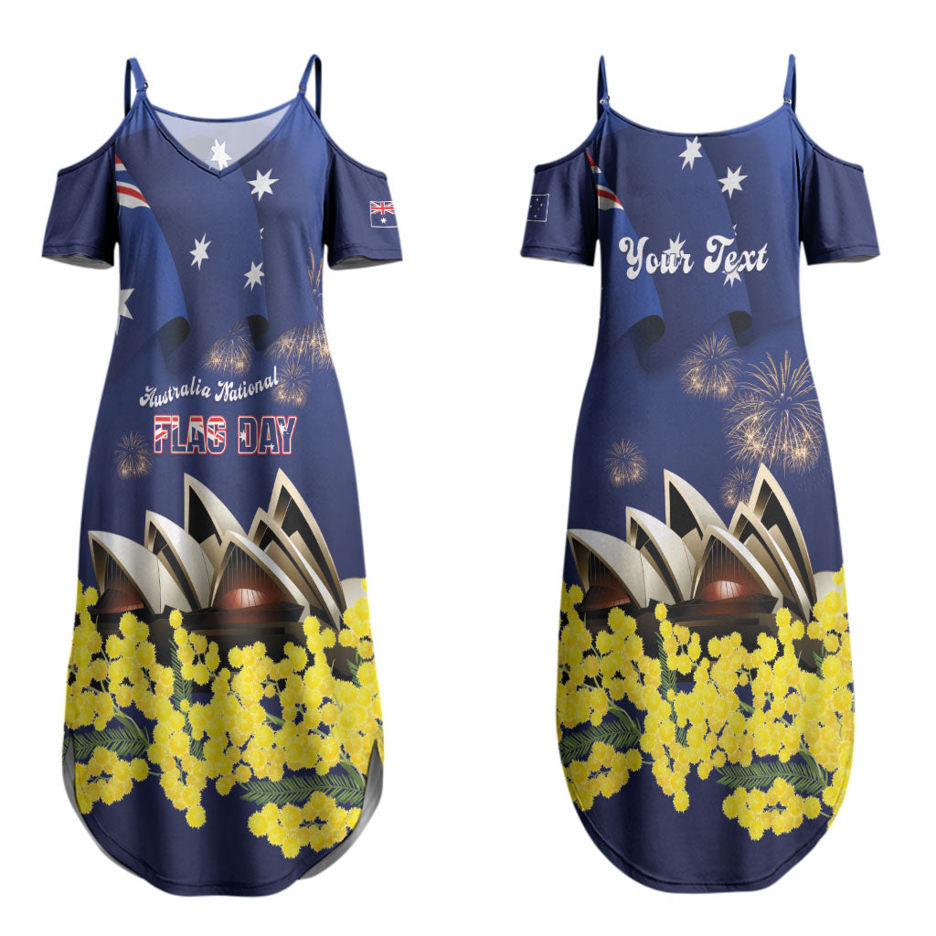 Personalised Australia National Flag Day Couples Matching Summer Maxi Dress and Long Sleeve Button Shirt Golden Wattle Sydney Opera House Flag Color