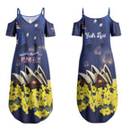 Personalised Australia National Flag Day Couples Matching Summer Maxi Dress and Long Sleeve Button Shirt Golden Wattle Sydney Opera House Flag Color