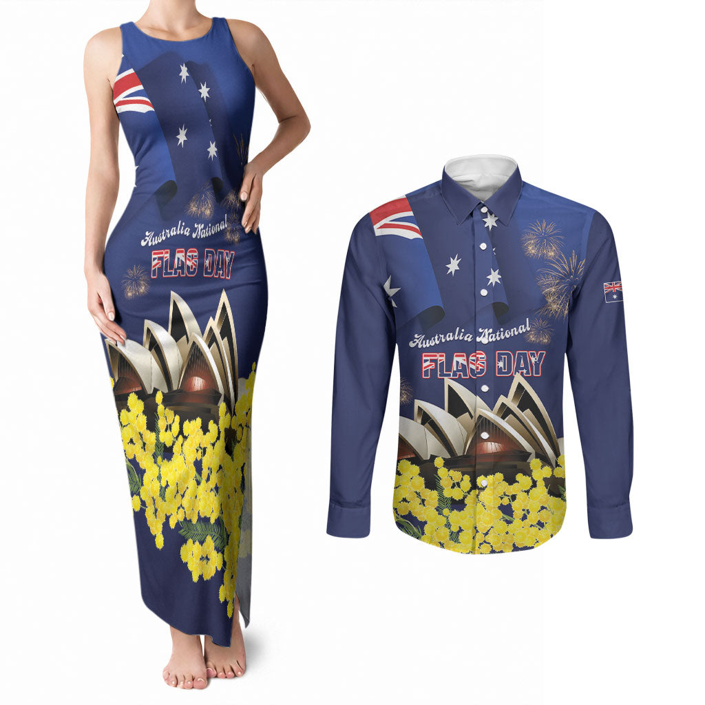 Personalised Australia National Flag Day Couples Matching Tank Maxi Dress and Long Sleeve Button Shirt Golden Wattle Sydney Opera House Flag Color