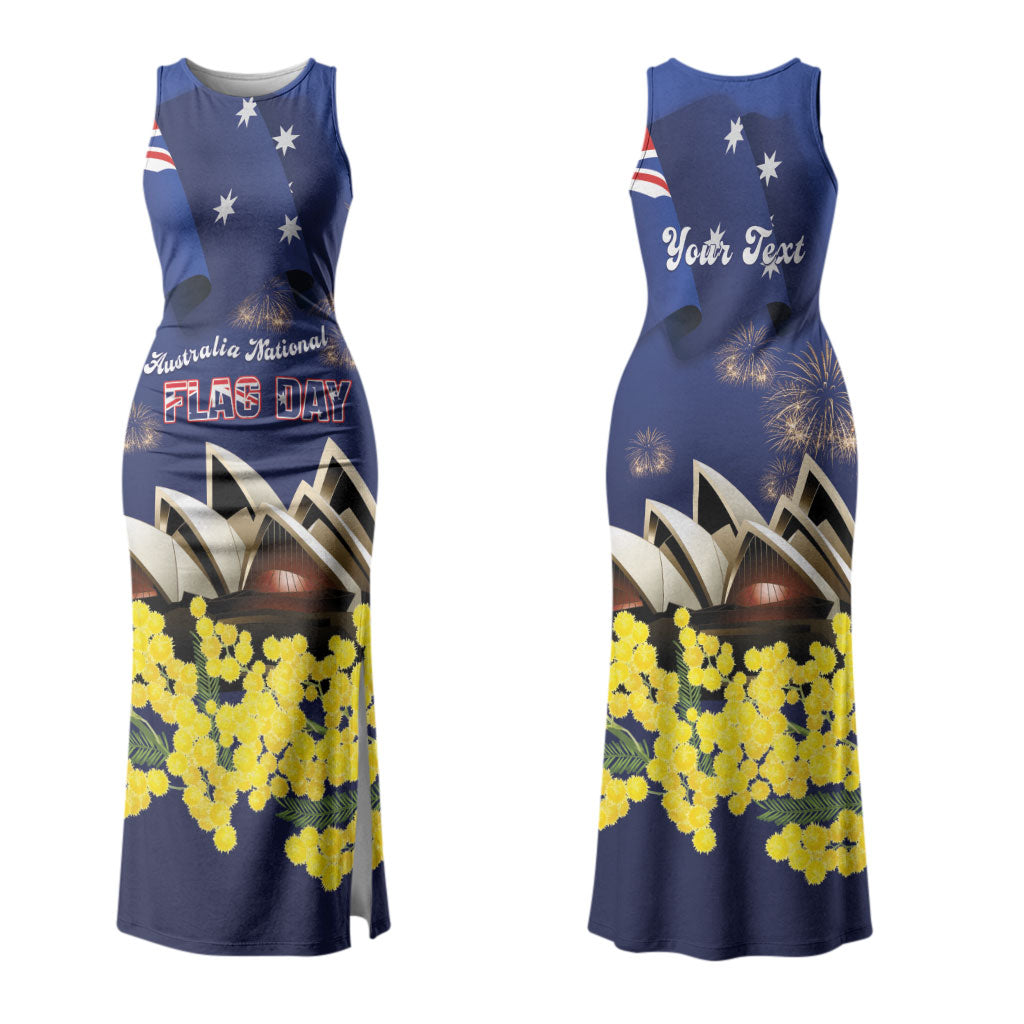 Personalised Australia National Flag Day Couples Matching Tank Maxi Dress and Long Sleeve Button Shirt Golden Wattle Sydney Opera House Flag Color