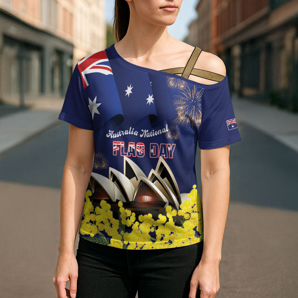Personalised Australia National Flag Day Cross Shoulder Shirt Golden Wattle Sydney Opera House Flag Color